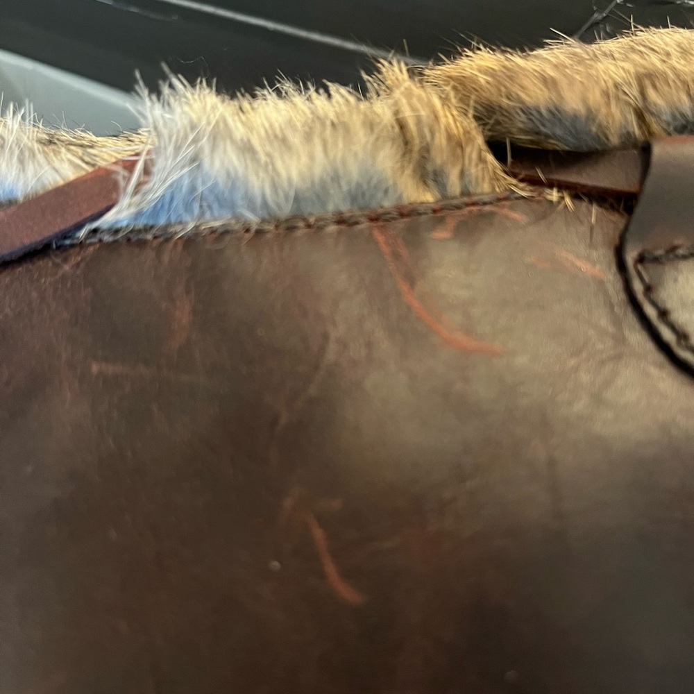 Cougar Brown Rabbit Fur-Trimmed Knee-High Leather Laced Boots - Picture 5 of 14
